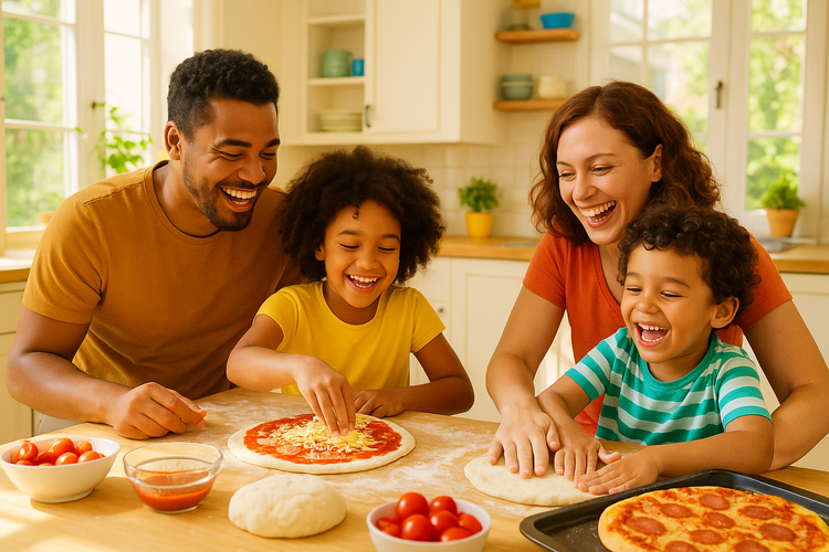 biracial family making and enjoying pizza.  Please make sure the image is bright
